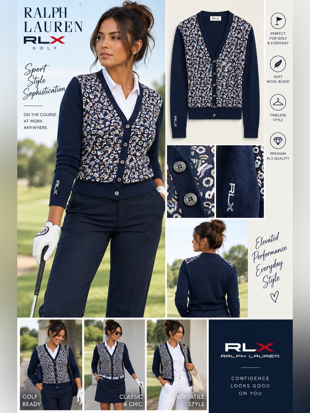RLX Ralph Lauren Navy Floral-Print Cardigan